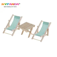 1:12 Mini Foldable Striped Wooded Beach Chair Recliner Sunbathing Chair Chaise Lounge Chair Dollhouse Furniture