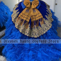 Royal Blue Ruffels Gold Lace Appliques Sweetheart Mexican Quinceanera Dress 2023 With Bow Ball Gown Charro Mexican Dress Vestido