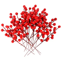 10PCS Christmas Red Berries Artificial Pine Branches Holly Berry Xmas Tree Decoration For Home Noel Wreath Ornament Gift Packing