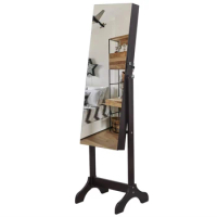 Full Mirror Cabinet Wooden Floor Standing 4-Layer Shelf with Inner Mirror 2 Drawer Jewelry Storage Adjustable Dark Brown[US-W]