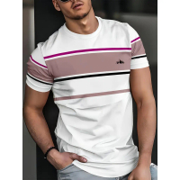 Men's casual short sleeved T-shirt - bright blue red and white stripes, 3D digital printing, breatha