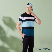 【NAUTICA】男裝 夏日清新撞色拼接條紋短袖T恤(藍色)