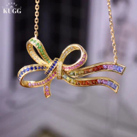 KUGG 18K Rose Gold Necklace Real Natural Aquamarine Pendant Romantic Rianbow Bow Shape Engagement Jewelry for Women
