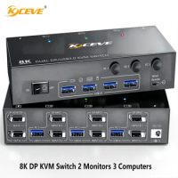 KCEVE 8K Displayport KVM Switch 2 Monitors 3 Computers 8K@60Hz 4K@144Hz,Dual Monitor KVM Switch Displayport with 4 USB 3.0 Ports