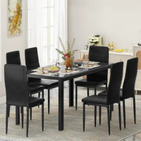 Dining Table Set for 6, Set with 6 PU Leather Chairs, Dining Room Tables Set Large Breakfast with Metal Dining Table