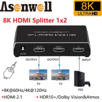8K60Hz HDMI Splitter 1x2 4K120Hz HDMI2.1 Splitter Converter 1 In 2 Out HDCP2.3 UHD VRR HLG HDR 7680x4320P for 8KTV PS5 Xbox Game