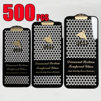 500pcs Diamond Tempered Glass Full Glue Cover Screen Protector Shield Film For iPhone 15 Pro Max 14 Plus 13 Mini 12 11 XS XR X