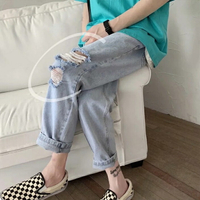 💥【MLM】💥破壞牛仔褲男 S-3XL 破洞牛仔褲 韓版寬松闊腿褲 BF風直筒牛仔褲 學生百搭丹寧褲