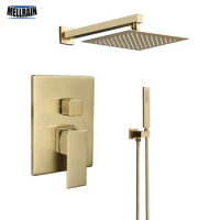 Brushed Gold Bathroom Shower Set Square Style Wall Mount Bath Shower Faucet With Rain Shower Head 8,10,12 inch
