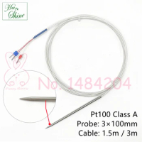 Pt100 Class A Temperature Sensor 3mm * 100mm Needle Tip 3 Wire Shielded Cable 1.5m / 3 Meter Food Grade Stainless Steel SUS304