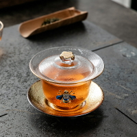 輕奢描金玻璃蓋碗大號加厚敬耐熱三才碗日式水晶透明茶杯泡茶碗