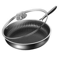 30CM Pan with Lid 316 Stainless Steel Frying Pans Non-stick Uncoated Wok Pan Double-sided Honeycomb Skillet