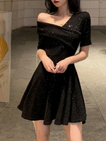 格格家 夏季新款性感露肩高腰修身顯瘦裙擺閃閃亮禮服仙女連衣裙