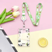 Korean Cute Cartoon Panda Acrylic Transparent Card Holder Photo Card ID Card Cover with Bell Spring Ring Retractable Neck Strap