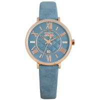 【NATURALLY JOJO】莫蘭迪色系 藍寶石水晶玻璃 菱格紋 日期 真皮手錶 藍x玫瑰金框 34mm(JO96993-55R)