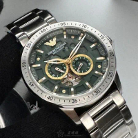 ARMANI44mm圓形銀精鋼錶殼墨綠色機械鏤空錶盤精鋼銀色錶帶款AR00057