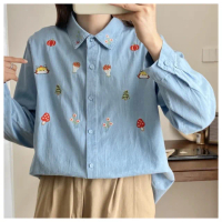 【ASister 小姊姊】AS1440#牛仔襯衫☆長袖水洗棉牛仔*紅蘑菇森林刺繡*排釦外套/罩衫(藍色 F 胸圍108cm)
