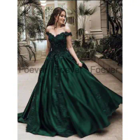 Green Elegant Evening Dress Long Off The Shoulder V Neck Ball Gowns Satin Lace Appliques Formal Evening Dresses Party Gowns