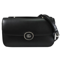 【GUCCI 古馳】Petite GG 金屬雙G LOGO壓扣翻蓋手提兩用包(黑 大)
