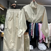 Korean Summer Y2K Two Piece Set Drawstring Loose Jackets Short Female Windproof Coat High Waist Cargo Skirt Big Pocket Suits