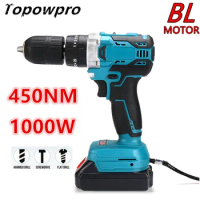 Brushless Electric Hammer Impact Drill 25+3 Torque 1000W 450NM 3 in 1 Cordless Rechargeable For Makita 18v Battery