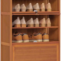 Tall Bamboo Shoe Storage Cabinet with Doors, 10 Tier Freestanding Shoes Heels Sneakers Shelf Rack for 26-30 Pairs for Entryway