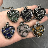 10PCS Antique Heart Shape Natural Gems Stone Amethysts Rose Quartzs Lapis Dragon Vintage Necklace Pendants MY230303