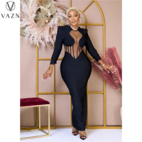 VAZN 2023 New Luxury Designer See Through Open Young Sexy Club Solid Hotsweet Full Sleeve High Waist Women Long Pencil Dress