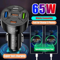 5 Ports 65W Fast Charging Car Charger Lighter QC 3.0 PD 65W USB Type C Car Phone Charger for iPhone XiaoMi Samsung Power Adapter