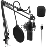Fifine USB PC Condenser Microphone with Adjustable desktop mic arm shock mount for Studio Recording Vocals Voice, Vlog,Audio