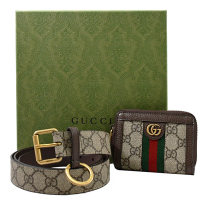 GUCCI 古馳  GG Supreme 經典印花皮帶/腰掛零錢包禮盒組(駝/棕)