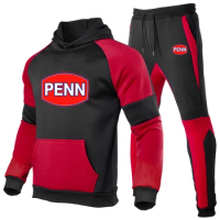 2024 Spring Autumn Men's Penn Fishing Reel Logo Print Popular Big Pocket Hooded Hoodies+Jogging Casual Sweatpants Patchwork Sets