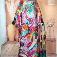 New African Fashion Silk Printed 1 Set Women Kaftan Maxi Dress Dashiki Printed Kuwait Muslim Lady Loose Abaya Gowns