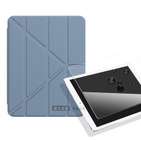 VXTRA氣囊防摔 2022 iPad Pro 12.9吋 第6代 Y折三角立架皮套 內置筆槽(淺灰紫)+玻璃貼(合購價)