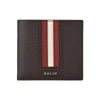 【BALLY】BALLY TRASAI銀字LOGO牛皮8卡短夾(咖啡x紅白條紋)