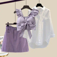 Summer Women's Three Piece Skirt Set Sweet White Color Blouse+Sling Bow Cro Top+Mini Skirt High Waist A Line Skirt