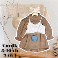 Baju Tunik anak perempuan import Tunik rompi rajut free tas 3 in 1 usia 2-5 tahun Cewek Katun kotak 