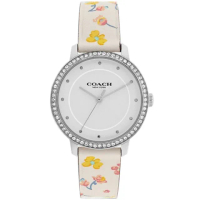 【COACH】RAYDEN白色彩色花朵X鋯石外圈皮革皮帶手錶