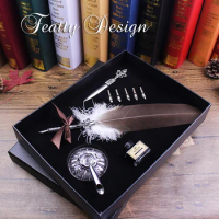 Vintage Quill Feather Dip Pen Fountain Writing Ink 5 Nibs Letter Opener Gift Box Calligraphy Stationery School Supplies
