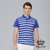 【KING GOLF】男款撞色條紋造型POLO衫/高爾夫球衫-寶藍