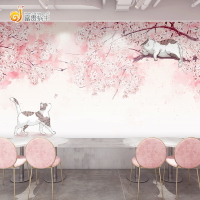 3D北歐浪漫粉色櫻花貓咪壁紙日式和風民宿餐廳服裝店女孩臥室墻紙