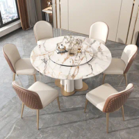 Italian-style light luxury rock slab telescopic foldable dining table square and round dual-use built-in rotating multi-function