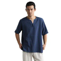 Summer Men Shirt Linen Cotton Man Clothing Solid Flax Men's Half Shirt Loose shirt Collarless Short Shirts Plus size M-5XL 6XL