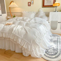 Soft and Breathable Premium Cotton 4/6Pcs White Pink Bedding Set Double Ruffle Exquisite Craft Duvet Cover Bedskirt Pillow Shams