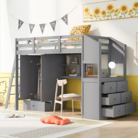 Twin Size bed,Loft Bed with Wardrobe &amp;Drawers,attached Desk with Shelves,Sturdy &amp;Durable,Versatile Loft bed,Kids bed,for bedroom