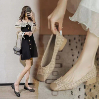 Jinbukang Elegant Fairy Style Gentle Chunky Heel Women's Summer Mid-Heel Low-Heel Shallow Soft Leath