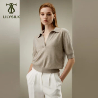 LILYSILK Womens Cashmere Polo Sweater with Short Sleeves and Ribbed Trims