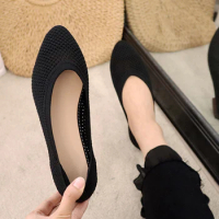 Spring Women Pointed Toe Ballet Flats Ladies Comfort Knit Fabric Slip on Shallow Loafers Office Soft Bottom Boat Shoes