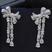 Custom Real Solid 10K White Gold Women Stud Earrings Bowknot Tassels Moissanite Diamonds Wedding Party Engagement Anniversary