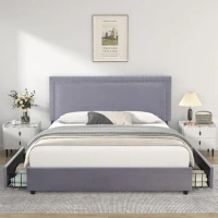 Queen Size Upholstered Platform Bed Frame with 4 Storage Drawers, Adjustable Velvet Rivets Headboard, Wooden Slats Support,